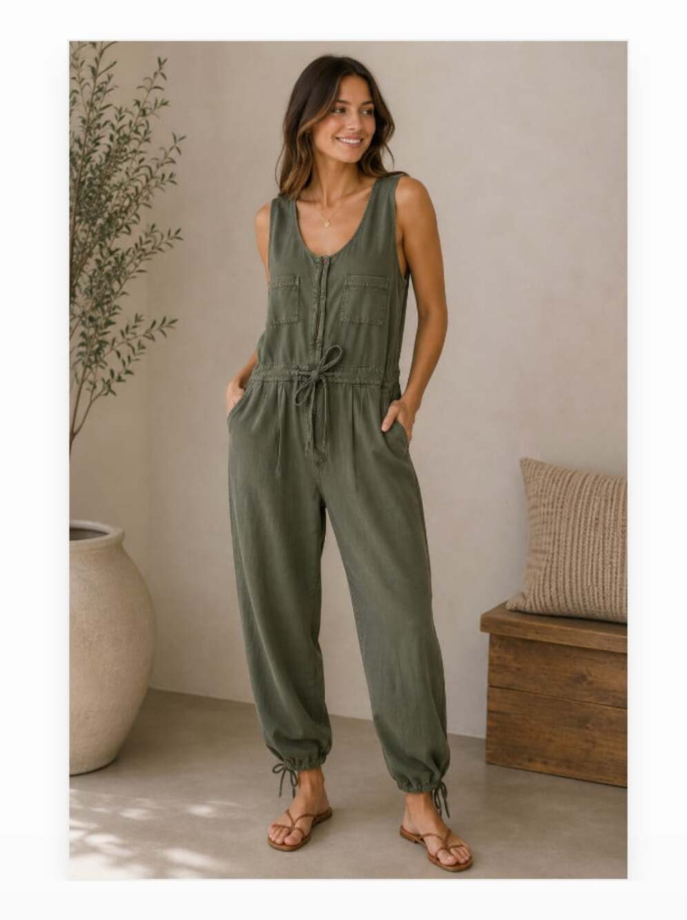 Free People Jumpsuit Womens Medium Green Sleeveless Utility Drawstring Pockets